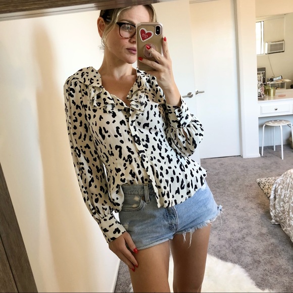 Zara Tops - Zara Animal Print Ruffle Button Down Blouse